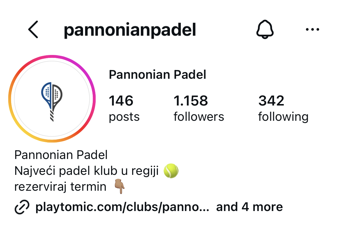 Instagram profil pannonianpadel: 146 objava, 1.158 pratitelja